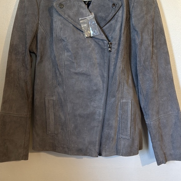 🌹NWT:ISAAC MIZRAHI LIVE LEATHER GRAY MOTO JACKET - Picture 4 of 10
